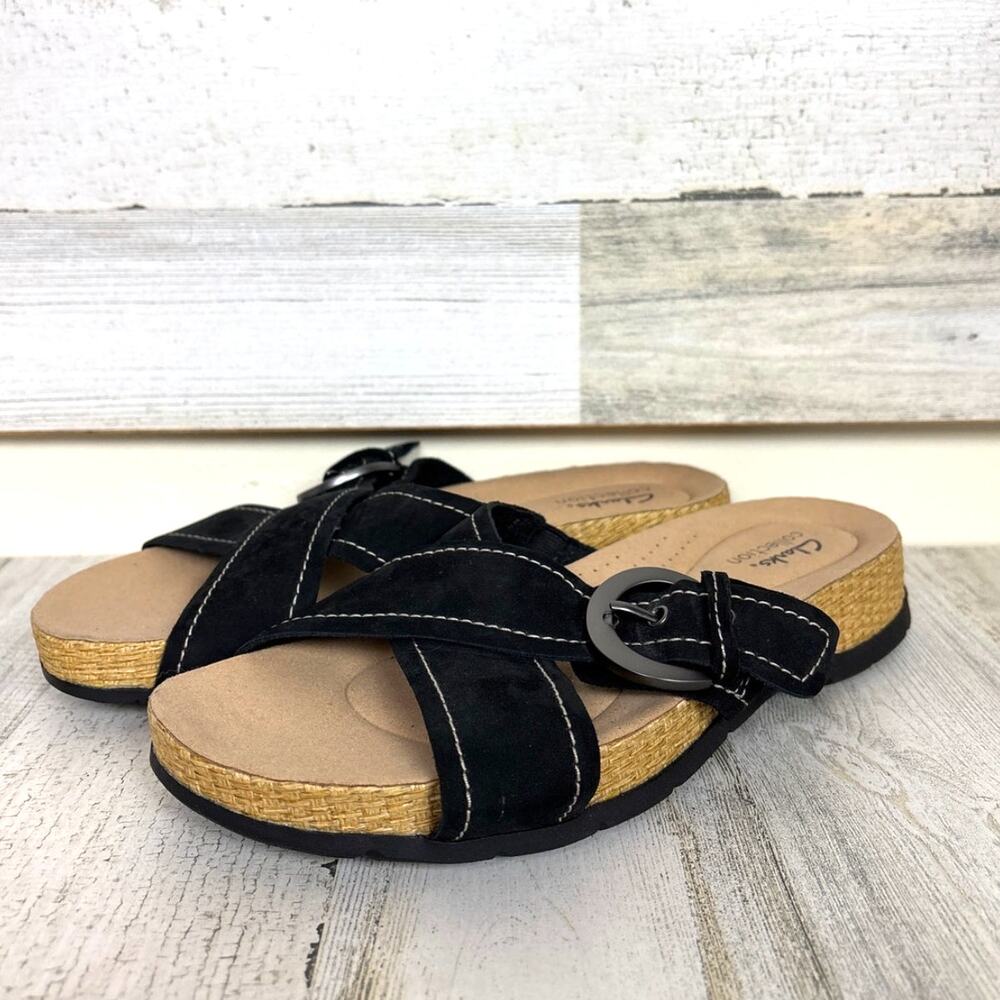 Clarks Womens 8 Reileigh May Leather Slide Sandals Black Slip-On Buckle NEW